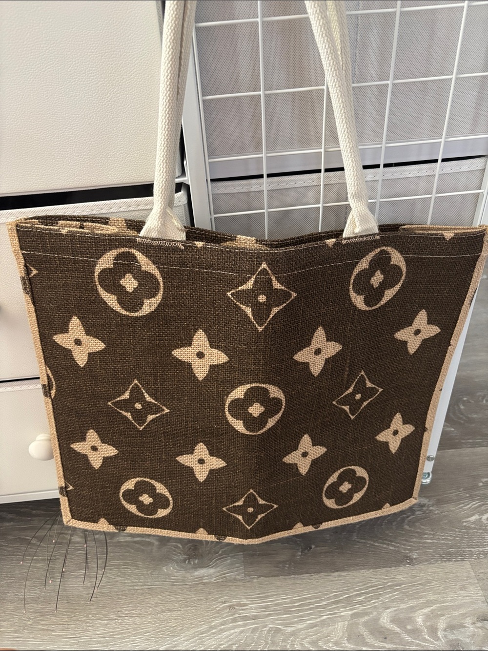 JUTE Brown Monogram Tote Bag with Cream Handles. BIG JUTE TOTE